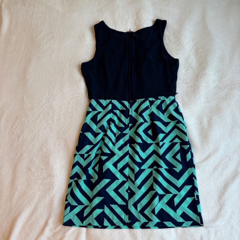I.N. San Francisco Navy Blue Teal Geometric Print Sleeveless Dress Size 7 Mod